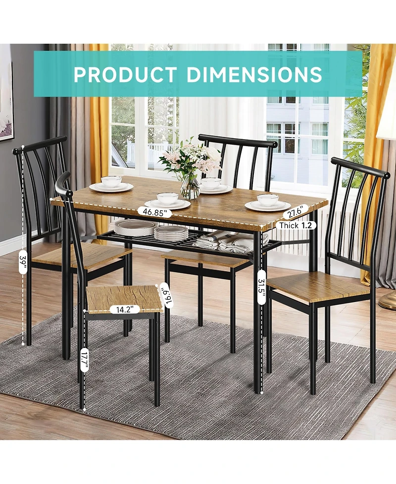homfan Farmhouse Kitchen Table Set for 4 with Storage Rack and 4 Chairs, 5-Piece Modern Square Kitchen Table Set, Dining Room Table Set