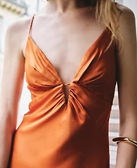 Mango Women's Gathered V-Neckline Satin Dress