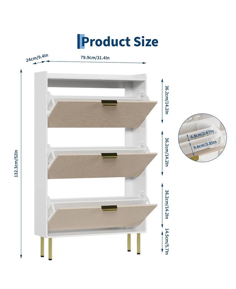 Shoe Cabinet with 3 Flip Drawers, Freestanding Narrow with Metal Legs, Farmhouse Slim Storage with Adjustable Shelves for Entryway, Foyer, Hallway