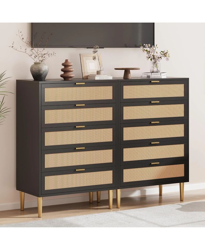homfan Rattan-Style 5-Drawer Tall Dresser with Gold Legs and Handles, Anti-Tip Storage Tower for Bedroom, Living Room, Hallway