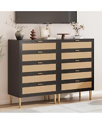 homfan Rattan-Style 5-Drawer Tall Dresser with Gold Legs and Handles, Anti-Tip Storage Tower for Bedroom, Living Room, Hallway