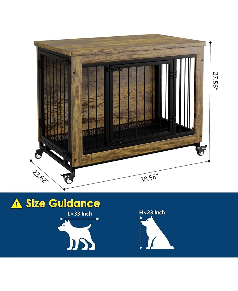 homfan Heavy Duty 38.6" Dog Crate with Wheels, Indoor Pet Kennel, Removable Tray, Easy to Assemble and Clean, Decorative Cage