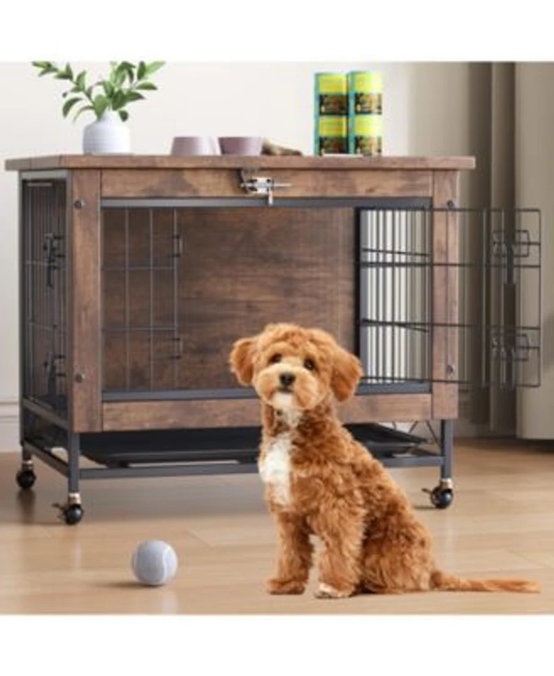 Homfan Heavy Duty Wooden Dog House With Double Doors Top Opening Metal Wood Crate Indoor Kennel With Wheels Anti Chew Ideal For Small Dogs