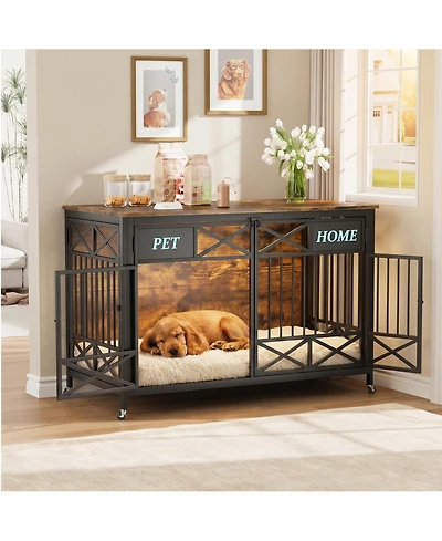 homfan 47" Furniture Style Dog Crate, Heavy Duty Wooden Dog Kennel with Double Doors, Name Tag, End Table Tv Stand for Large Dogs