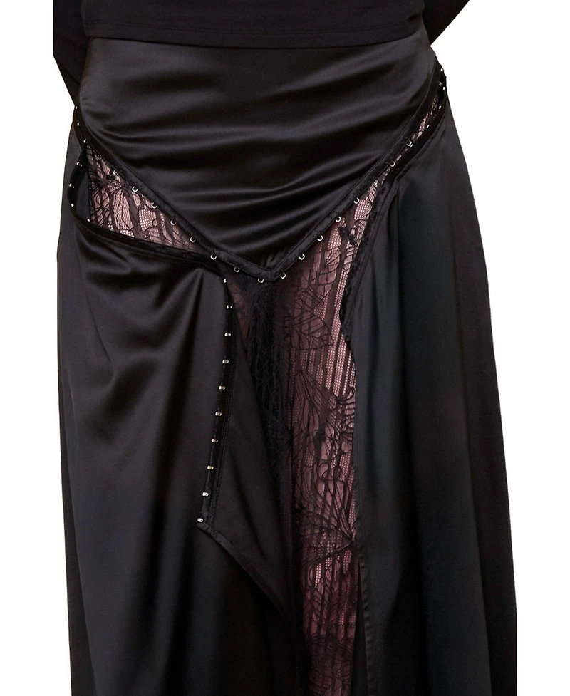 Pcfg Women's The Party Edit Slit Lace Panel Satin Maxi Skirt