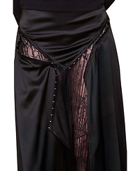 Pcfg Women's The Party Edit Slit Lace Panel Satin Maxi Skirt