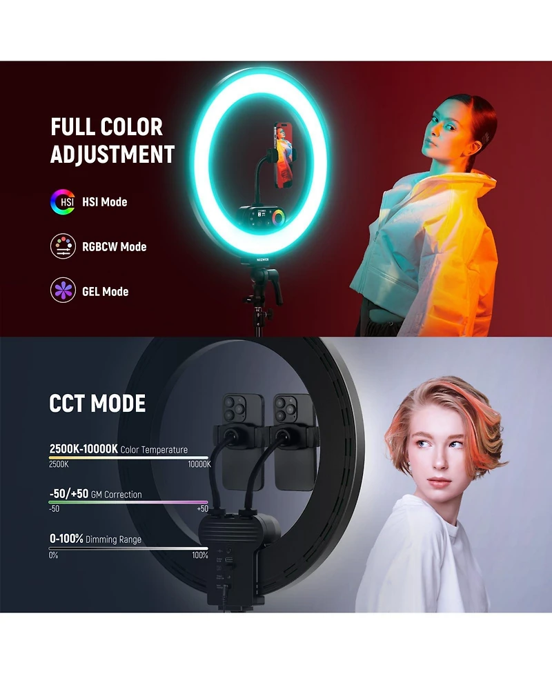 Neewer RL45C Ring Light with 45W, 3100lux, 2500K-10000K for select iPhone models