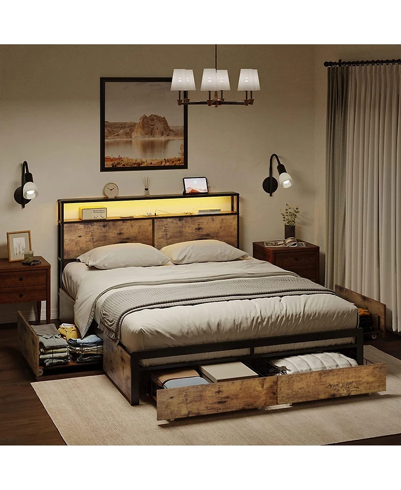 Hausource Queen Platform Bed Frame With Headboard, Drawers and Outlets, Rustic Brown