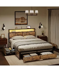 Hausource Queen Platform Bed Frame With Headboard, Drawers and Outlets, Rustic Brown