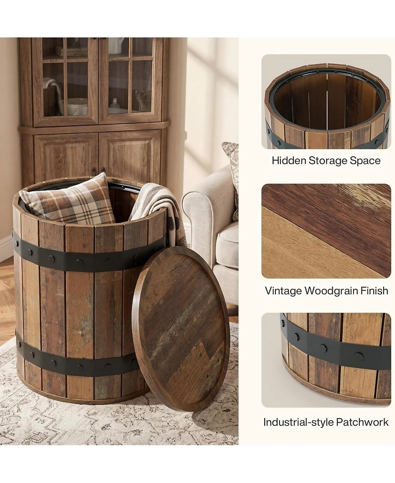 Tribesigns Barrel Side Table with Hidden Storage, 19.68" Farmhouse Round Rustic Wood End Table with Removable Lid