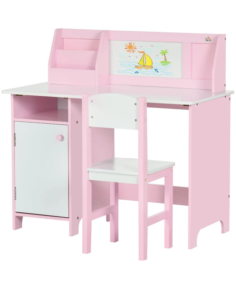 Clihome Kids Study Desk Set with Whiteboard and Storage Cabinet, Children Learning Workstation