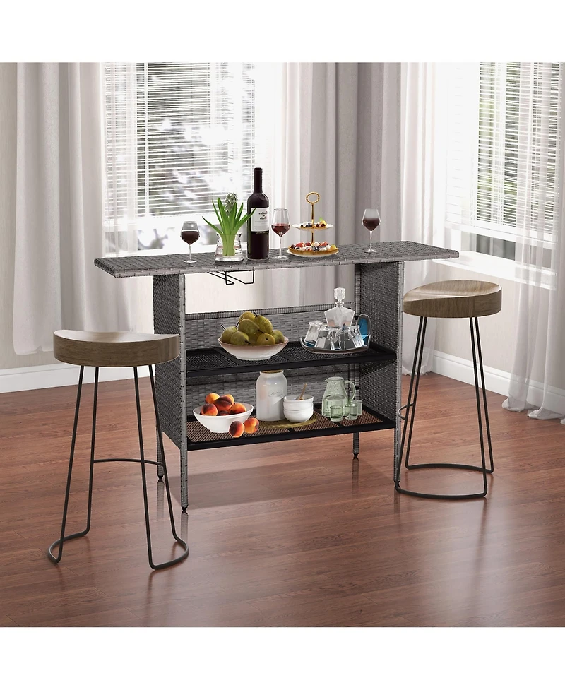 Gymax Patio Rattan Wicker Bar Height Counter Table Storage Shelf Rail Garden