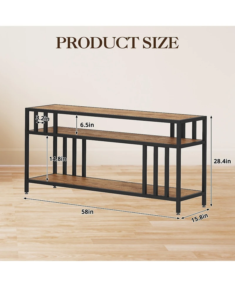 Homfan Spacious Rustic Tv Stand Media Console with Three Open Shelves, Sturdy Mdf and Iron Frame, Fits Larger Screens, Easy Assembly