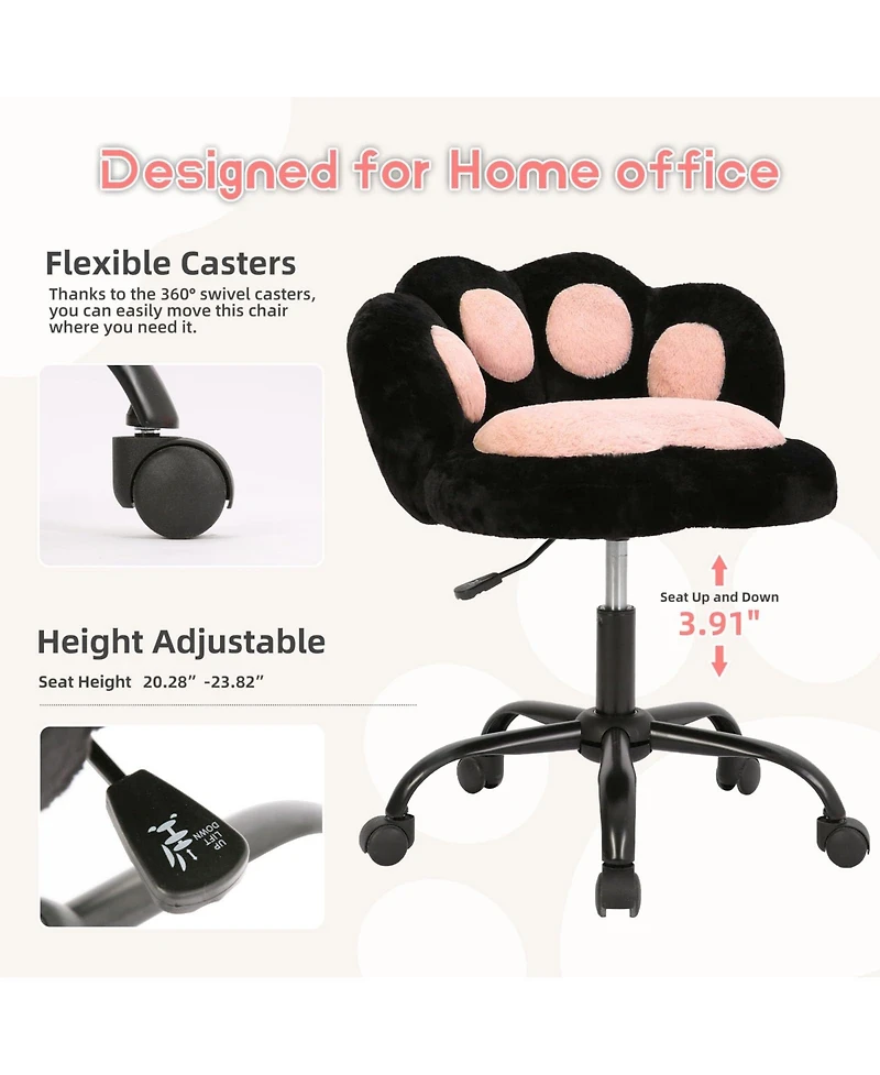 homfan Cute Vanity Chair with Cat-Paw Back, Swivel Wheels, Adjustable Height, Armless Desk Chair for Bedroom, Office, Kids Room