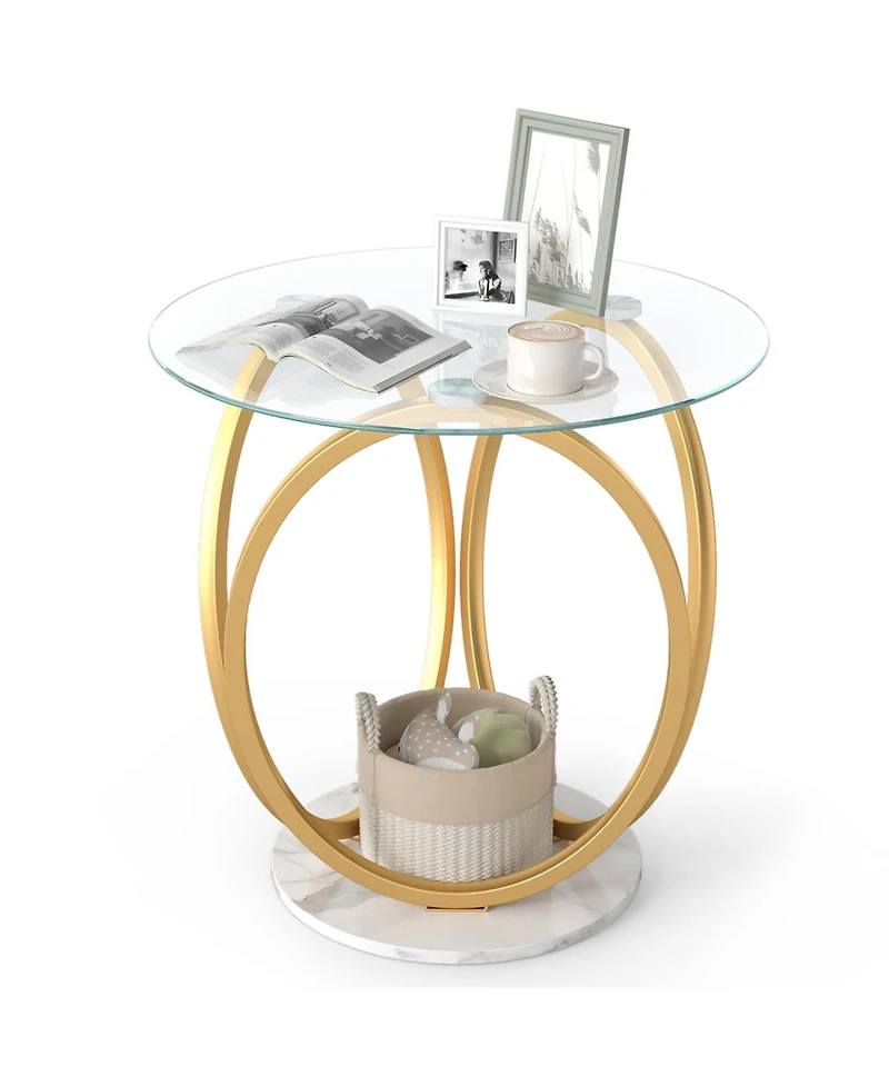 Slickblue Modern Round Side Table with Faux Marble Base and Glass Tabletop