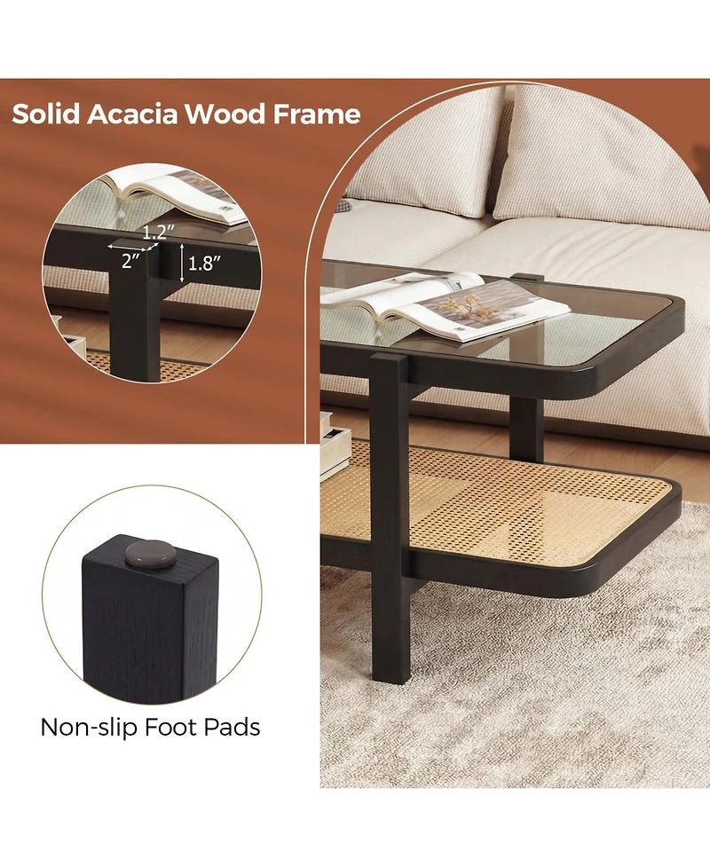 Slickblue Modern 2-Tier Coffee Table with Glass Top and Open Storage Shelf Design