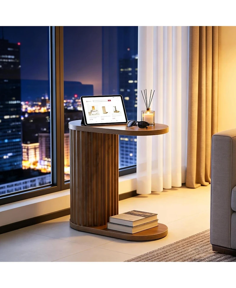 Tribesigns Fluted C-Shaped End Table, Modern Narrow Side Table with Oval Top and Storage Shelf, Accent Sofa Companion for Small Spaces