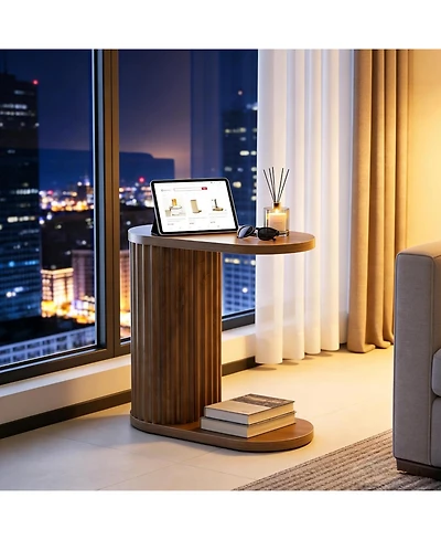 Tribesigns Fluted C-Shaped End Table, Modern Narrow Side Table with Oval Top and Storage Shelf, Accent Sofa Companion for Small Spaces