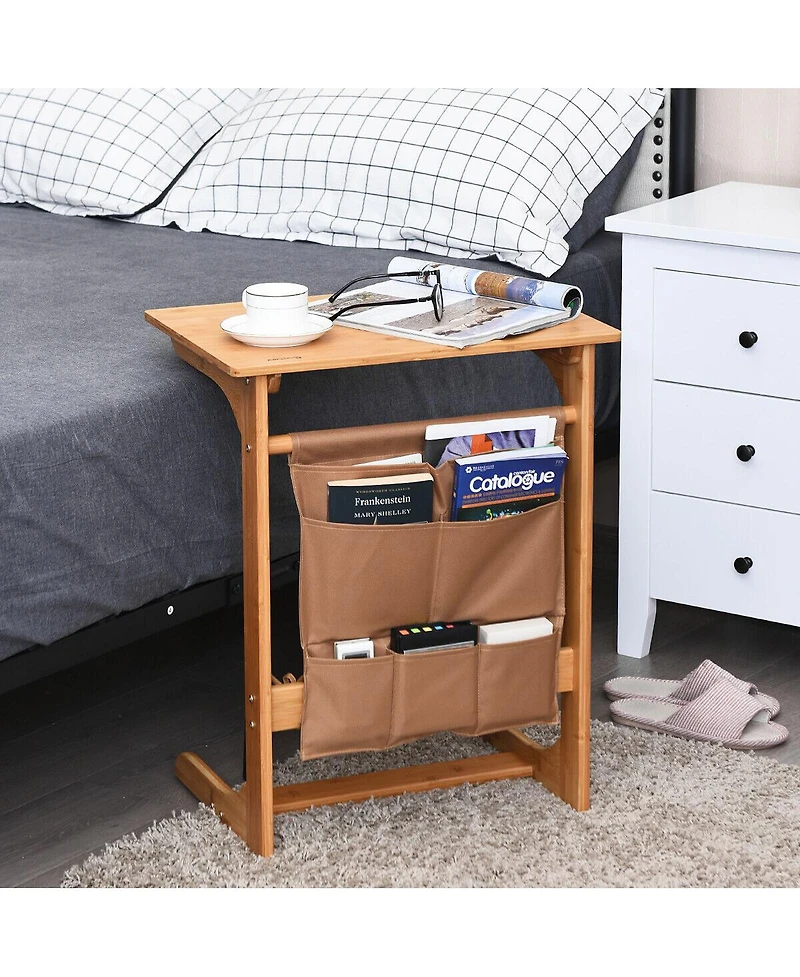 Gymax Bamboo Sofa Table Laptop Desk Coffee Snack End Table Bedside Table with Storage Bag