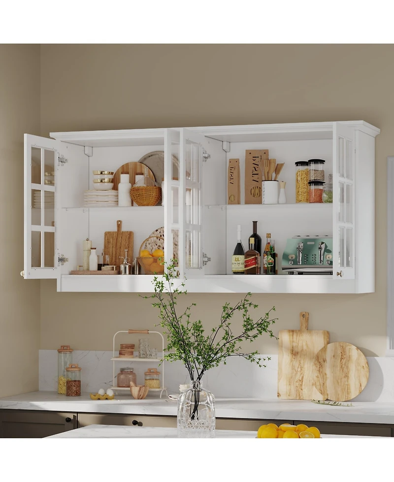 Homsee 63-Inch Wide Wall Mount Cabinet with Glass Doors 32-Inch Tall Storage Hutch Modern Kitchen Pantry or Bathroom Storage