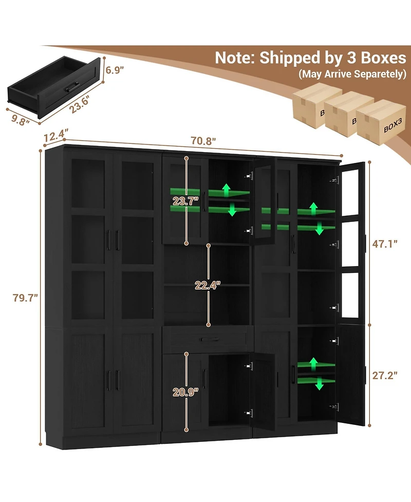 Aheaplus Set of 3 Kicthen Storage Pantry Cabinet with Glass Door and Drawer