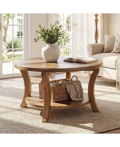 Tribesigns 31.5" Round Solid Wood Coffee Table with Storage Shelf, Farmhouse Circle Center Table for Living Room