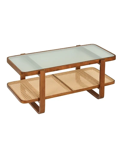 Slickblue Living Room Rattan Coffee Table with Glass Top and Lower Storage Shelf