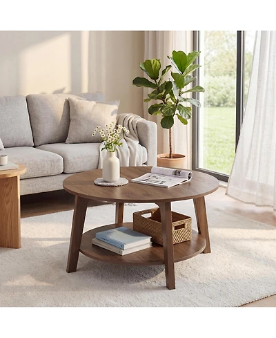 homfan Round Coffee Table with Storage, 2-Tier Modern Circle Accent Table, 31.5" x 17.7" Wooden Coffee Table with Curved Legs