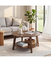 homfan Round Coffee Table with Storage, 2-Tier Modern Circle Accent Table, 31.5" x 17.7" Wooden Coffee Table with Curved Legs