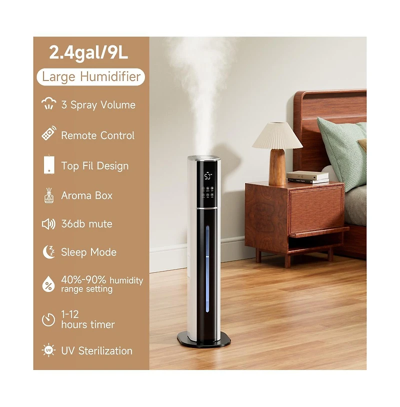 Topteng 2.4 Gal Humidifier with Remote, 48H Runtime, Uv Sterilization & Oil Diffuser