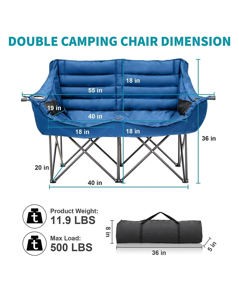 Aboron Oversized Padded Camping Chair - Heavy Duty Folding Outdoor Couch with Side Pocket and Cotton Padding for Patio and Sports