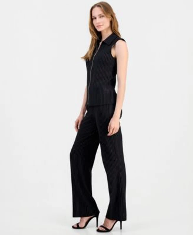 Anne Klein Womens Pinstriped Zip Front Sleeveless Top Mid Rise Pull On Pants