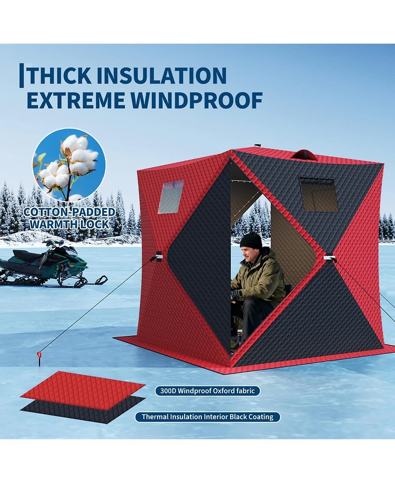 homfan 142 x 71 78 Inch Ice Fishing Shelter with Led Lights, Insulated Winter Tent Double Zipper Doors for Lake