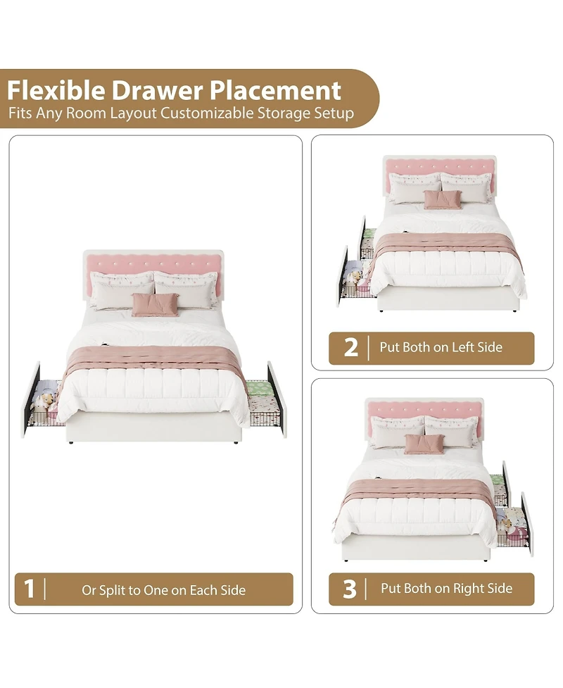 Velvet Upholstered Platform Bed with Biscuit Tufted Storage Headboard, Drawer, Sturdy Wood Slats, No Box Spring Needed