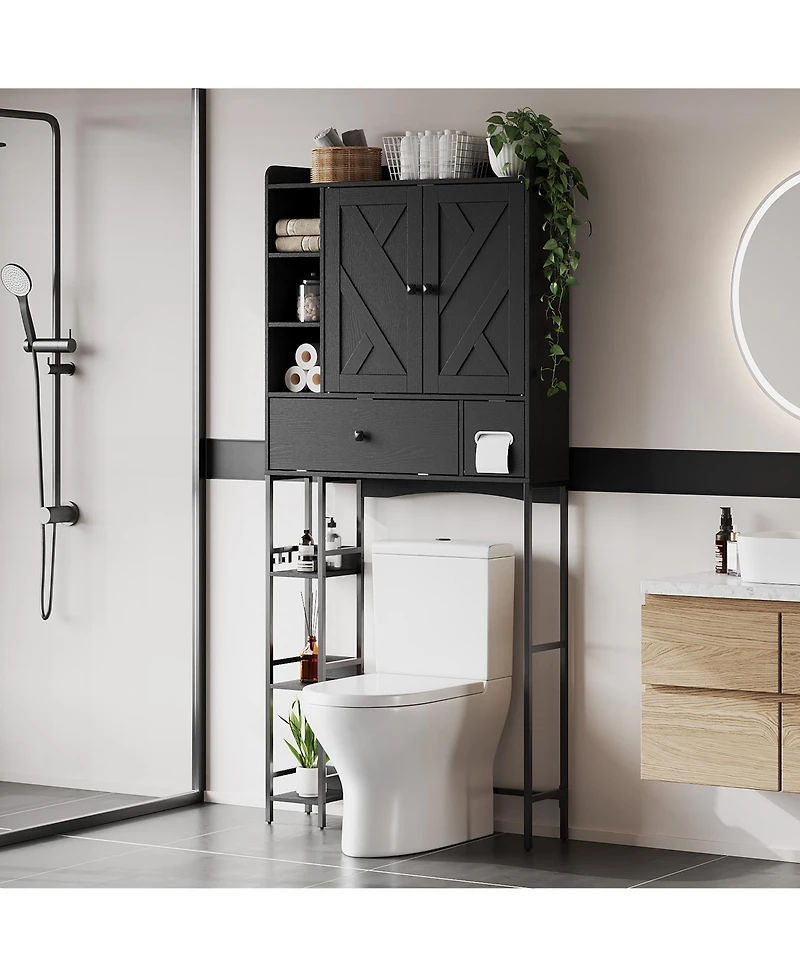 Gaomon Over-The-Toilet, Black Bathroom with Mdf Shelves and Steel Frame, Space-Saving for Small Bathrooms, Towels Essentials
