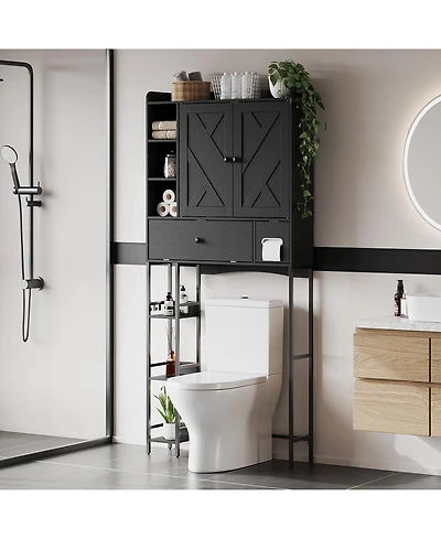 Gaomon Over-The-Toilet, Black Bathroom with Mdf Shelves and Steel Frame, Space-Saving for Small Bathrooms, Towels Essentials