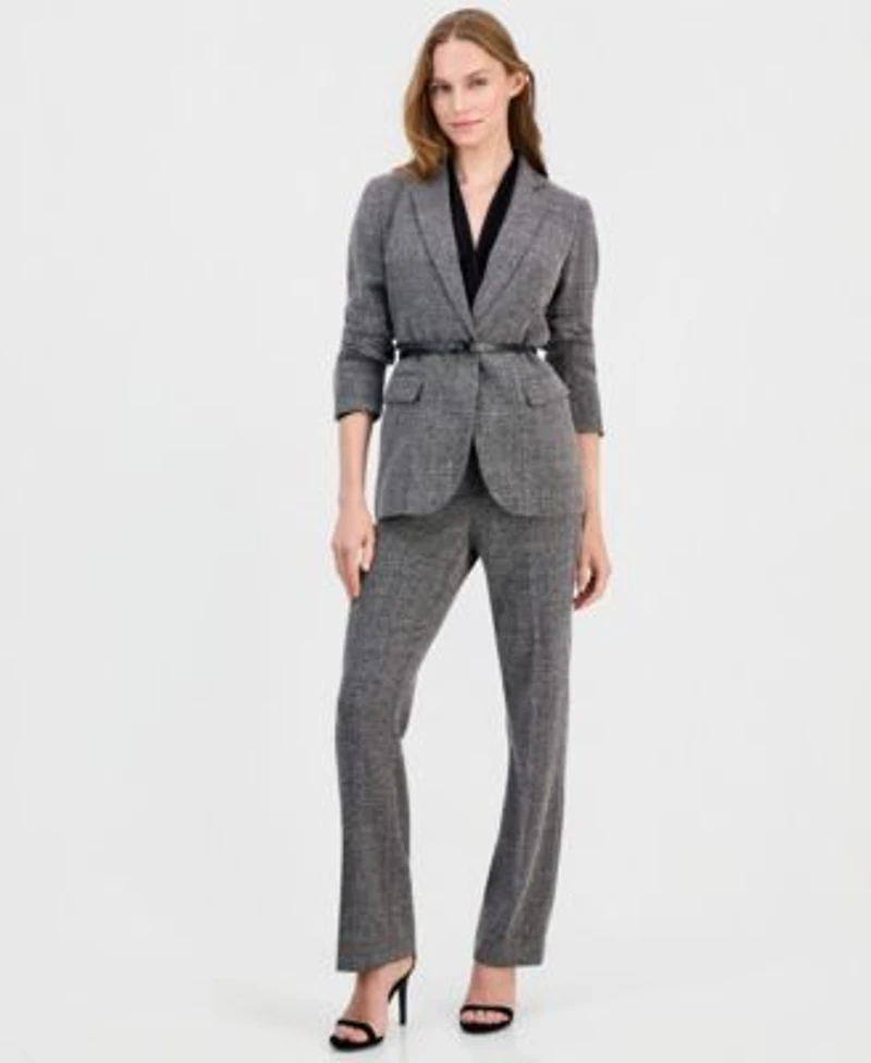 Anne Klein Womens Notched Collar Belted Jacket V Neck Sleeveless Knit Top Bootcut Pants