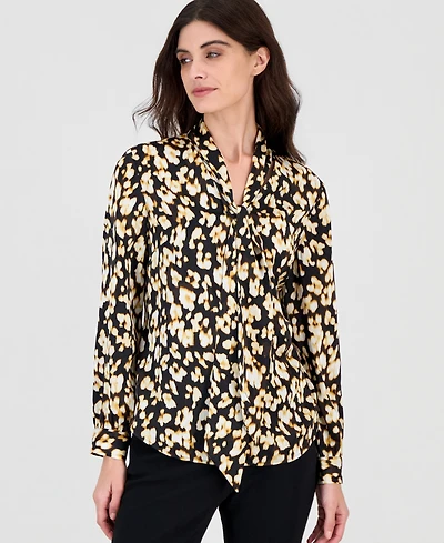 Kasper Women's Tie-Neck Long-Sleeve Printed Blouse