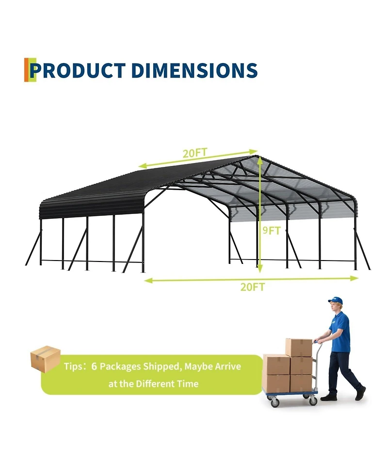 Homfan 20 x 20 x 9 Feet Carbon Steel Metal Carport Garage for Cars Trucks, Heavy Duty Outdoor Vehicle Shelter with Roof