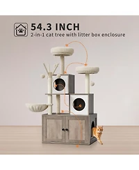 Homfan 2-in-1 Modern Cat House & Litter Box Enclosure with Tree, Hidden Washroom, Hammock, Scratching Posts Soft Perches