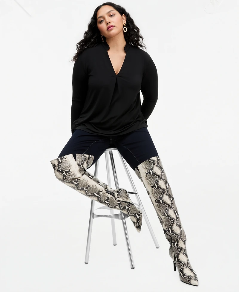 I.n.c. International Concepts Plus Women's Split Band-Collar Long-Sleeve Knit Top, Macy's Exclusive