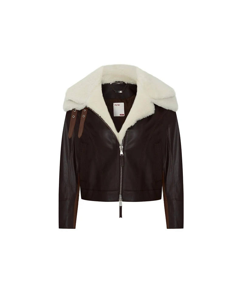 Pcfg Women's Double Collar Leather Jacket