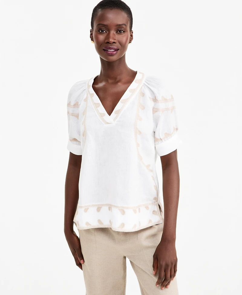 Charter Club Women's Linen Puff-Sleeve Embroidered Blouse, Macy's Exclusive