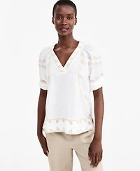 Charter Club Women's Linen Puff-Sleeve Embroidered Blouse, Macy's Exclusive