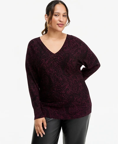 I.n.c. International Concepts Plus Paisley V-Neck Long-Sleeve Sweater, Macy's Exclusive