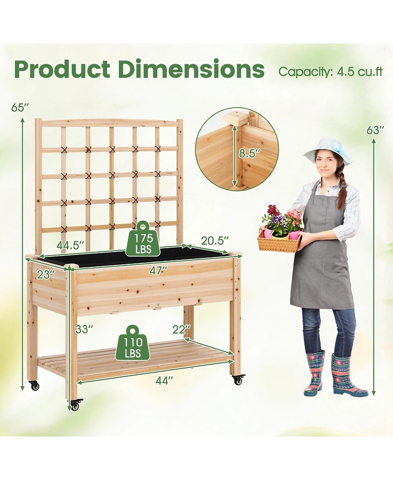 Costway Wooden Raised Garden Bed with Trellis 47x23x65 in, Liner, Drainage Holes