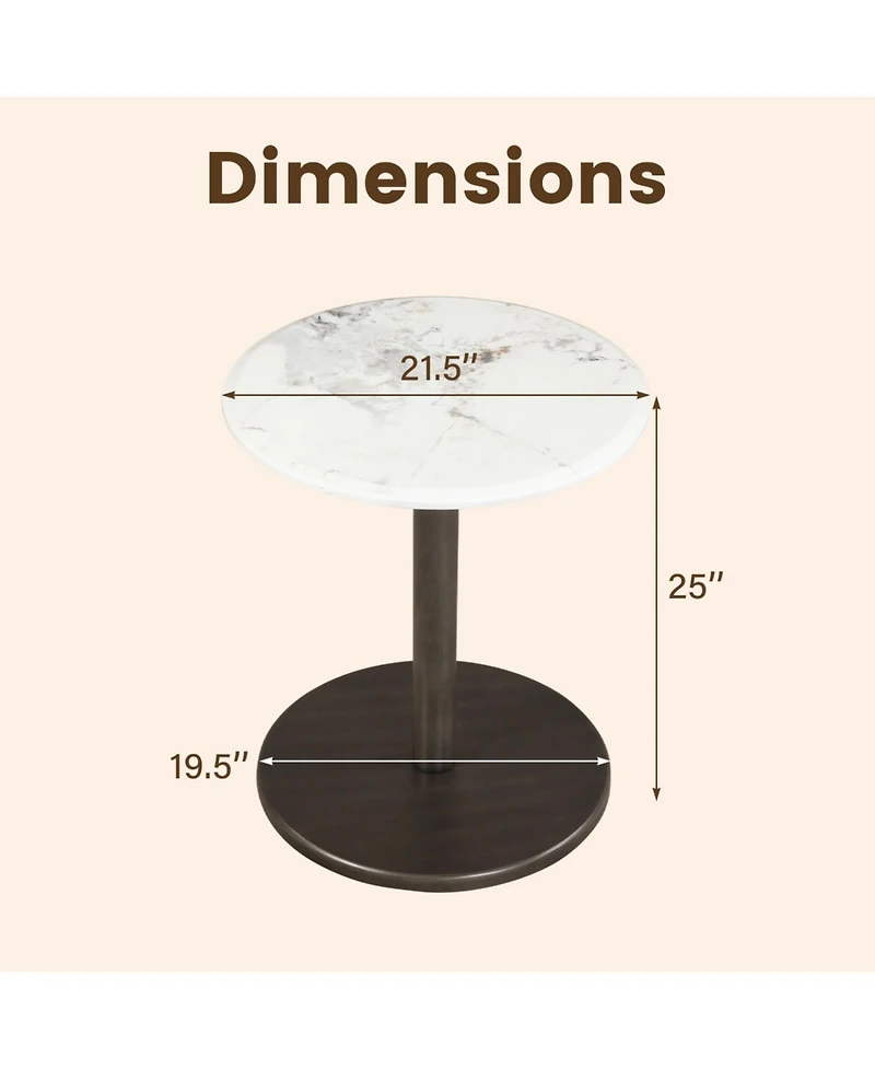 Slickblue Marble Top Round End Table with Wooden Pedestal for Living Room