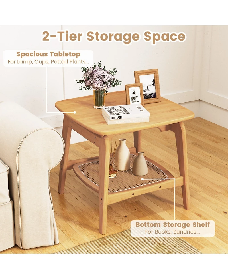 Slickblue Sofa Side Table with Faux Rattan Shelf, Wicker Accent for Home
