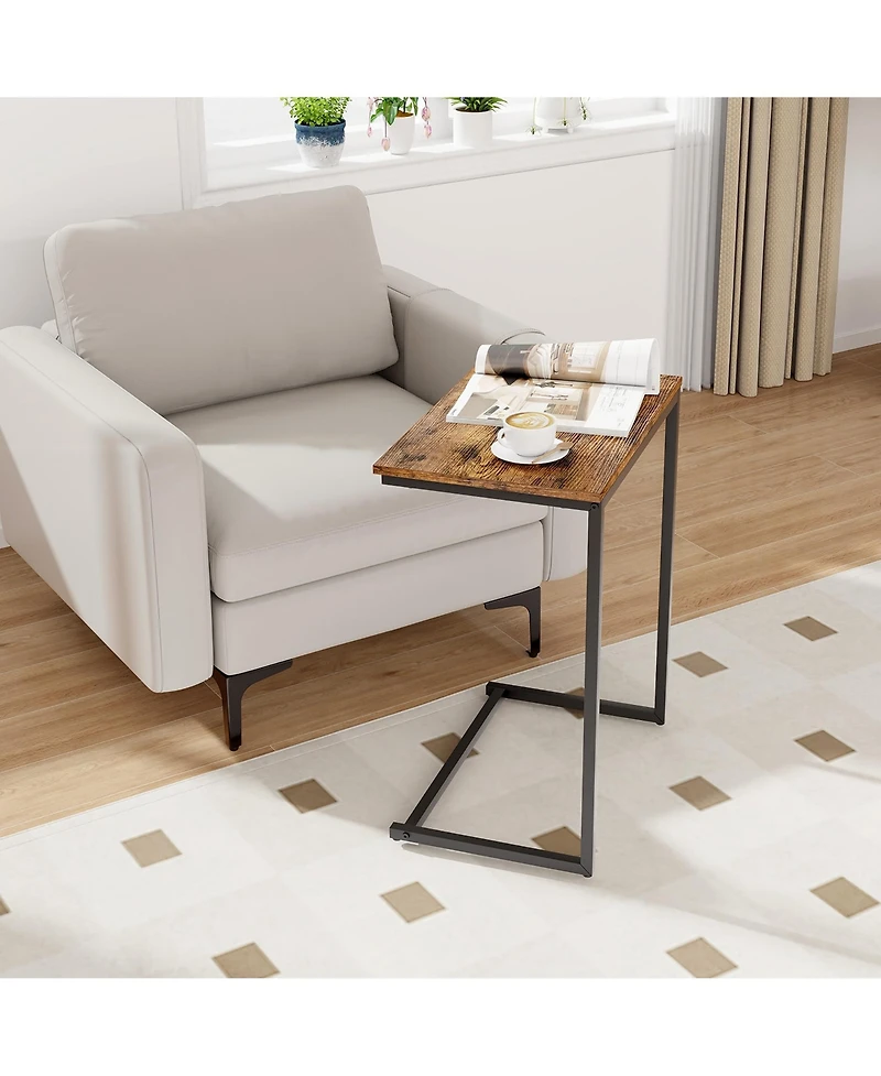 Gymax C-shaped End Table Vintage Accent Couch Table with Heavy-duty Metal Frame