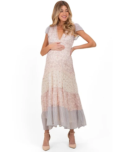 Pinkblush Maternity Multicolor Floral Colorblock Tiered Maxi Dress